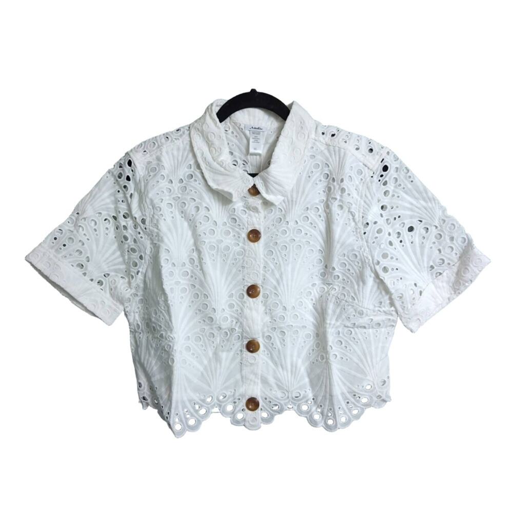 NWT Andie The Baltra Button Up White Eyelet Scalloped Hem Collared Shirt XL